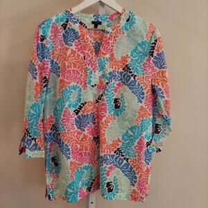 Talbots Tunic Top Large Petite Semi Sheer Light Weight Abstract Tropical‎ Print